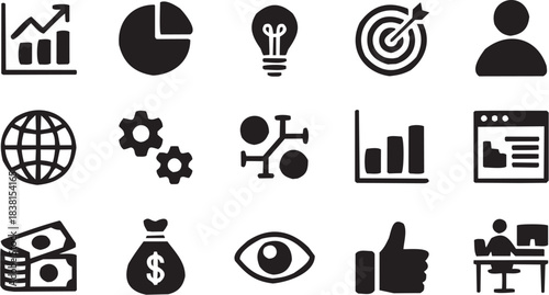 Idea and Data Icon Set in Line Style. A combination of pie chart, lightbulb, and bar graph symbols.