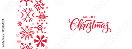 Elegant Merry Christmas greeting card with  red snowflakes on white background and modern calligraphy text, minimalist festive winter holiday design, horizontal banner layout, copy space on right