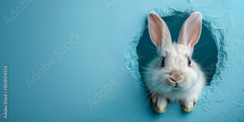 White bunny peeking through torn teal paper with curious expression and copy space to the left