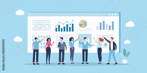 Team celebrating success with data analytics and business growth visualization