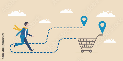 A businessman running towards a shopping cart with a dotted path