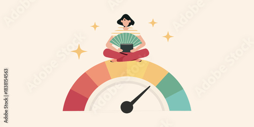 Woman meditating with tarot cards and a rainbow gauge measuring progress