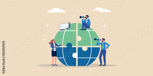 Global strategy and vision people analyzing the world with teamwork