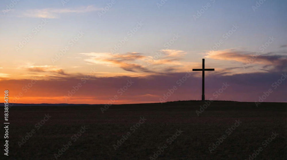 Obraz premium Cross on open field at sunset — peaceful Christian silhouette landscape