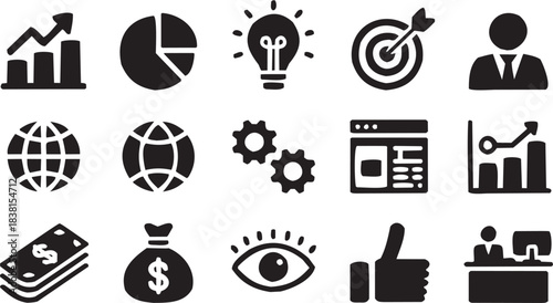 Idea and Settings Icon Set in Line Style. A collection of lightbulb, gears, pie chart, and webpage symbols
