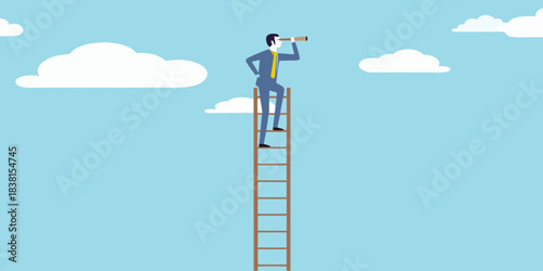 A businessman climbs a ladder looking through binoculars at the clouds