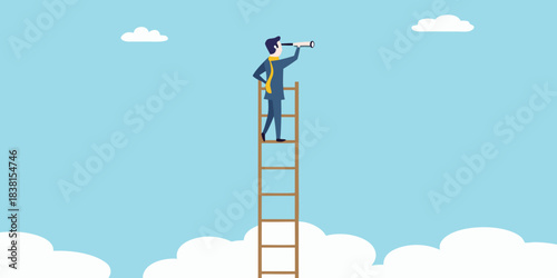 A businessman on a ladder looks through binoculars at the future