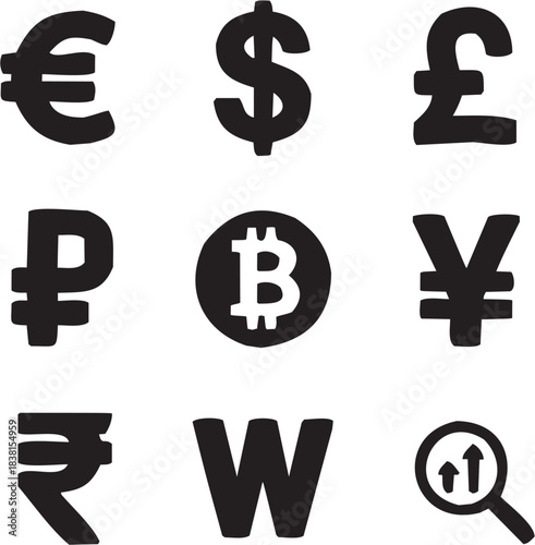 Currency Symbols Icon in Line Style. A black-and-white illustration of €, $, £, ¥, ₿, ₱ symbols
