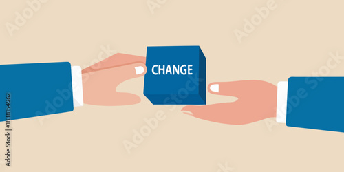 Hands exchanging a blue block with the word change written on it