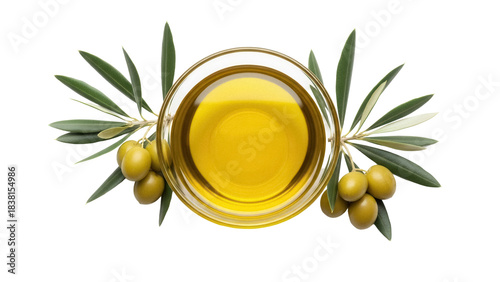 Quadro su tela Golden olive oil in glass bowl isolated PNG, surrounded by green olive branches