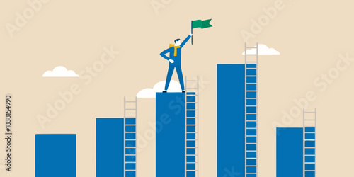 A businessperson reaches the top of a bar graph waving a green flag