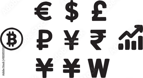 Currency Symbols Icon in Line Style. A black-and-white illustration of Euro, Dollar, Pound, Yen, and Won symbols
