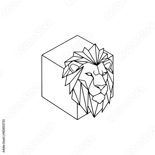 Geometric low poly lion head emerging from an isometric cube outline, modern minimalist logo design
