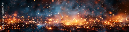 Panoramic Abstract Background with Fiery Sparks and Glowing Dust Particles Illuminated by Vibrant Lights