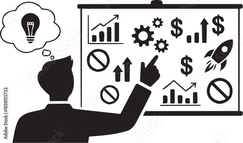 Business and Tech Icon Set in Line Style. A collection of graphs, gears, and a person representing corporate technology