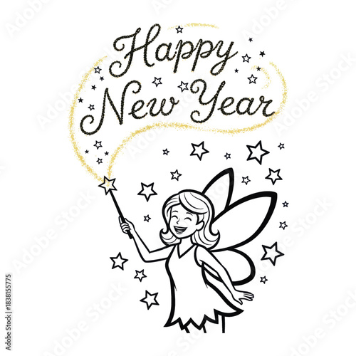 Fairy casting happy new year magic with glitter and stars Keywords: fairy, magic, wand, stars