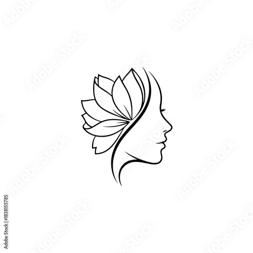 Minimalist line art logo design of a womans profile with a lotus flower integrated into her hair