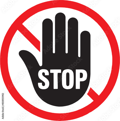 Stop Hand Icon in Line Style. A red circle with a hand and the word 