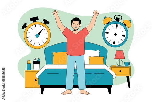 A person stands in a bedroom with arms raised, waking up with two alarm clocks.