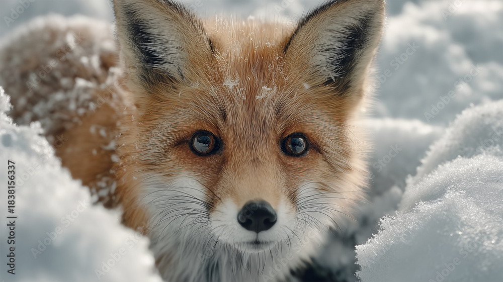 Obraz premium キツネが雪の中から顔をひょっこり出している様子