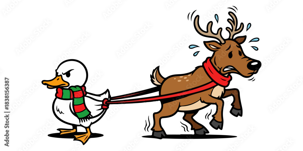 Fototapeta premium Funny Duck Bossing Confused Reindeer in Christmas Scarf SVG Vector Illustration