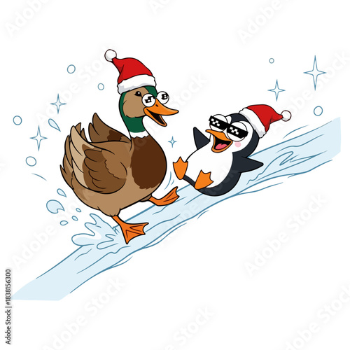 Funny Duck Slipping on Ice with Penguin in Christmas Hats, Vector Illustration
