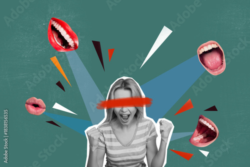 3d sketch image full collage of angry girl scream mouth offender society stereotype problem pressure neglect depression mood