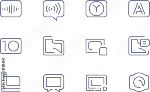 A thin line vector outline icon set for accessible media players. Audio toggle, subtitle alignment tool, loudness equalizer, skip section icon, transcript panel button, and playback mode