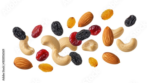 Trail mix isolated PNG on transparent background, almonds cashews and raisins for healthy snack and nutritious food ingredient