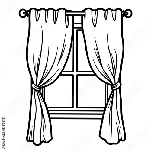 Curtains tied neatly by window, kids coloring book page and home decor