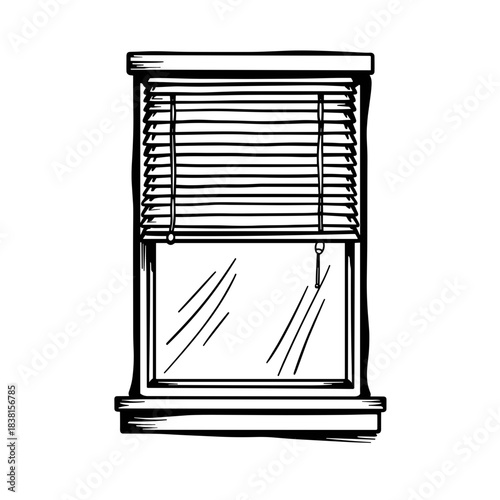 Hand-drawn window with light-filtering blinds, kids coloring book illustration and educational activity