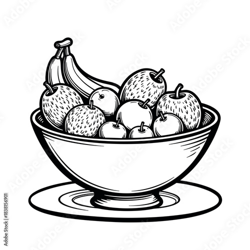 Fruit bowl line drawing, kids coloring activity and education in art classes