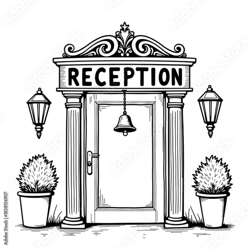 Hotel reception desk illustration with bell and welcome sign, hospitality and service concept for children’s coloring book