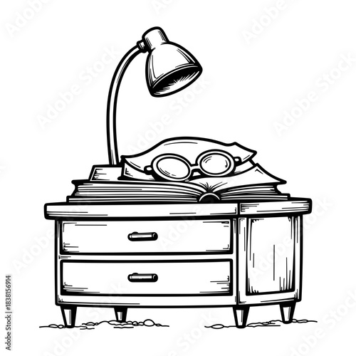 Nightstand with book and glasses illustration, children's coloring activity and home decor