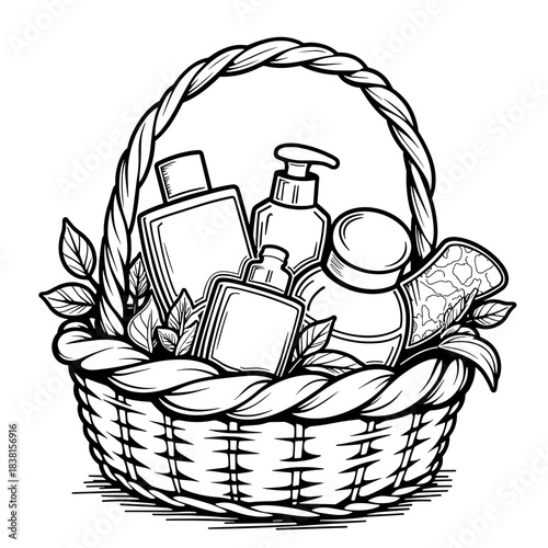 Welcome amenities basket illustration, kids coloring book and hand-drawn style in educational context