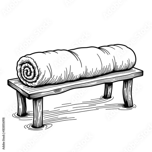 Rolled towel on spa bench for relaxation, spa treatment and wellness in therapeutic setting