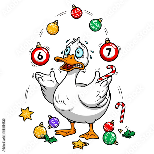 Duck with Panic Meme Eyes Juggling Christmas Ornaments in Festive Chaos SVG Vector