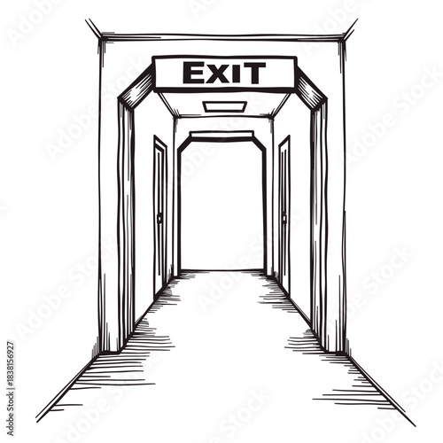Abstract emergency exit sign in corridor drawing, safety and evacuation in architectural design