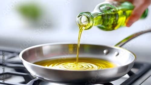 Healthy golden olive oil streams into a hot pan on a kitchen stove ready for preparing delicious meals