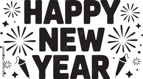 Black Happy New Year text with fireworks and confetti