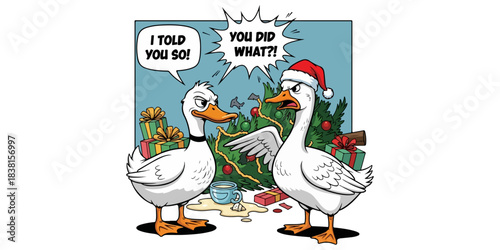Festive Chaos: Duck with Smug Meme Face Arguing with Angry Goose in Santa Hat, Comic Shouting Bubbles, Vector Illustration