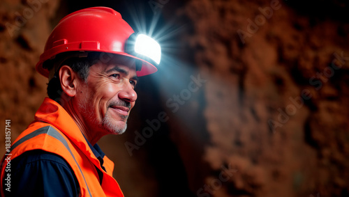 If a miner smiles, it creates a feeling of calm. Male miner smiling while wearing a hard hat and headlamp in a mine  