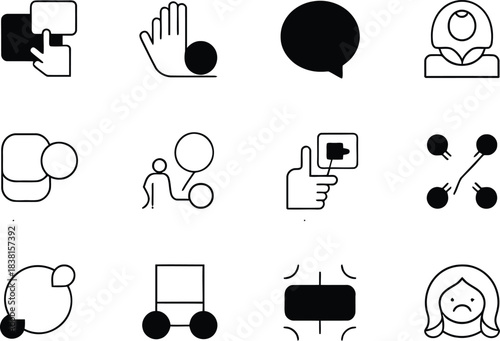 The vector line art icon set containing depicting multi-language. translation icon, language switch, selection badge, voice accent control, subtitles icon, and communication symbol