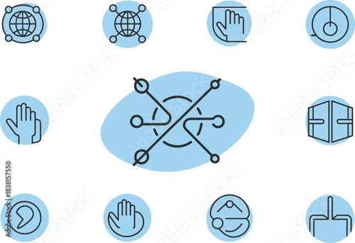 The vector line art icon set containing digital inclusion. Universal access symbol, global communication badge, community help button, internet gateway, technology icon, and UI element
