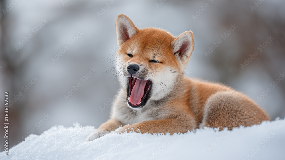 Obraz premium 雪原の上で柴犬の子犬が口を大きく開けてあくびをする愛らしい瞬間
