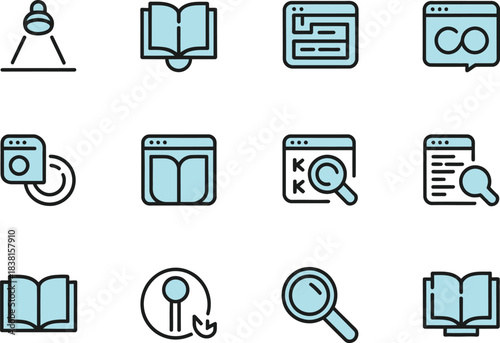 The vector line art icon set containing low-vision UI tools. Spotlight reading icon, bold outlines toggle, text separation mode, contrast presets, focus pane, and simplified button icon