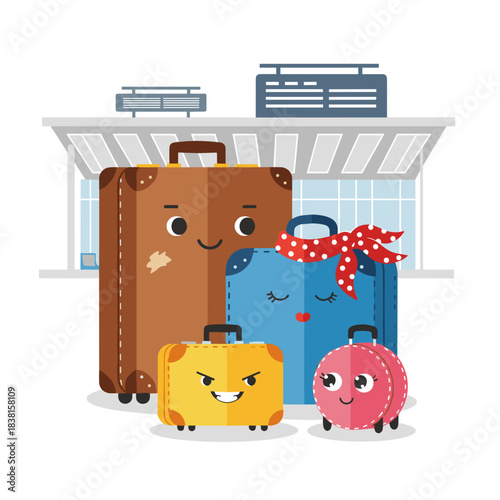 Cartoon suitcases with faces waiting at a train station for travel  