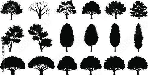 Collection of diverse black silhouette trees and bushes against a white background