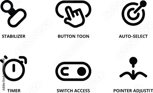 Vector icon set for motor impairment support UI. Stabilizer tool, drag alternative button, auto-select icon, dwell activation timer, switch access button, and pointer adjustment symbol