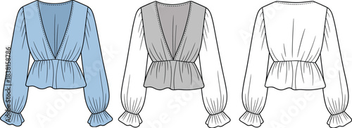 Blouse fashion sketch, deep v-neck puff sleeve peplum waist front back view, cad drawing flat vector